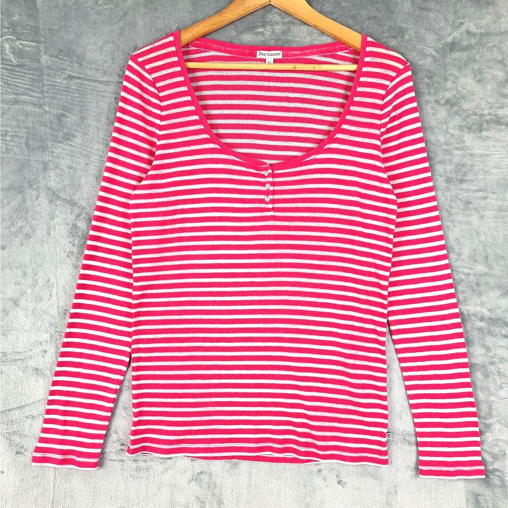 Juicy Couture Henley Top XL Y2K Pink Striped Ribbed Casual Shirt Scoop Neckā